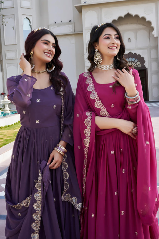 Fox Georgette Embroidered Gown with Dupatta for Women