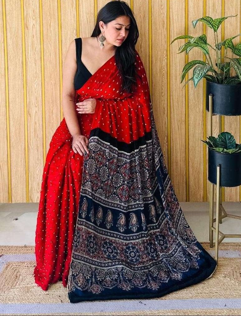 Red Ajrakh Digital Print Modal Silk Saree