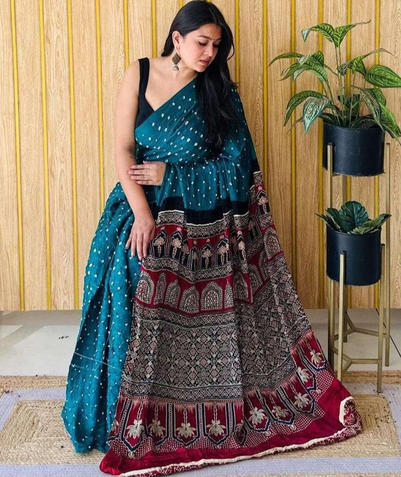 Teal Blue Ajrakh Digital Print Modal Silk Saree
