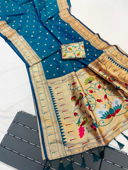 Pure Banarasi Paithani Pallu Saree with All Over Butti Design & Meena Weaving Work, Premium Designer Silk Saree with Full Weaving Blouse