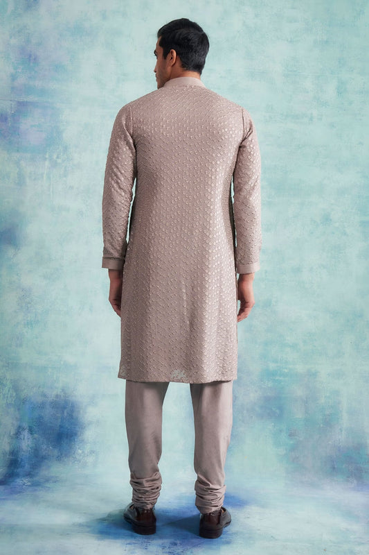 Mens Grey Embroidered Kurta Pajama Set: Indian Wedding Outfit