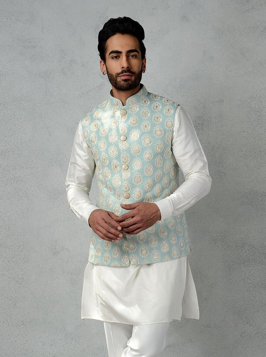 Mens Handmade Embroidered Waistcoat Set: Cotton Kurta Pajama