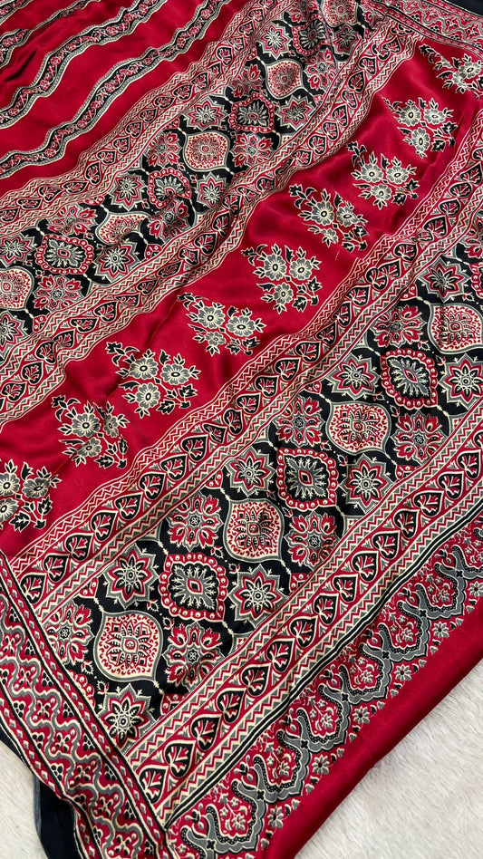 Ajrakh Modal Silk Saree with Fancy Pallu