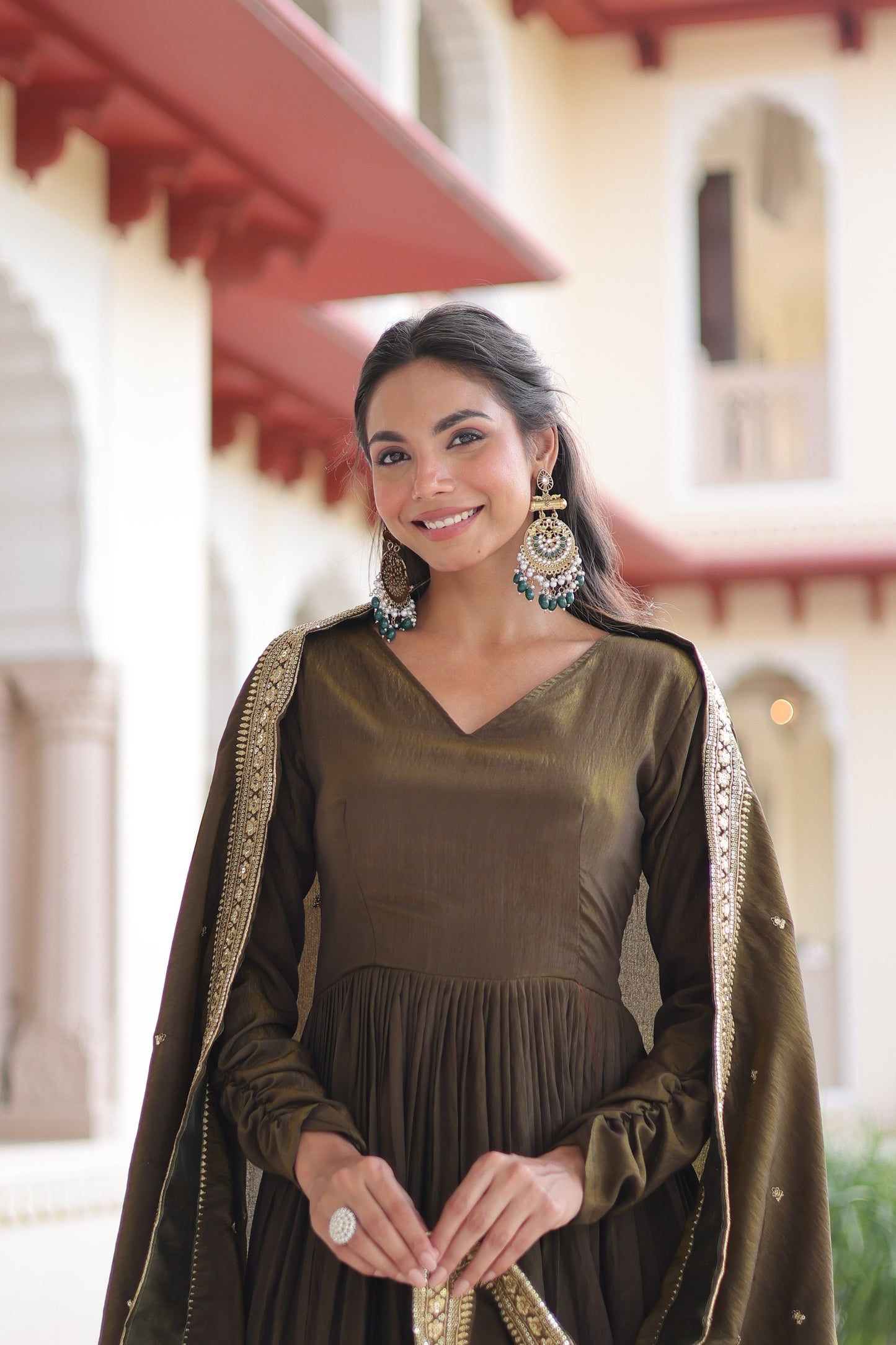 Women’s Vichitra Silk Sequins Embroidered Anarkali Gown with Dupatta