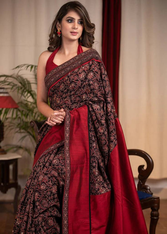 Red Stylish Ajrakh Printed Saree with Unstitched Blouse Piece