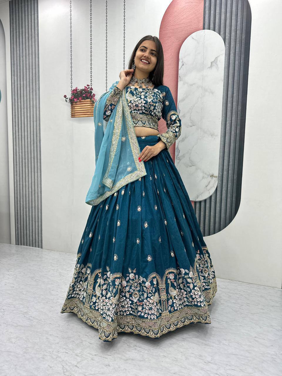 Women’s Vichitra Silk Heavy Embroidered Lehenga Choli Set with Dupatta