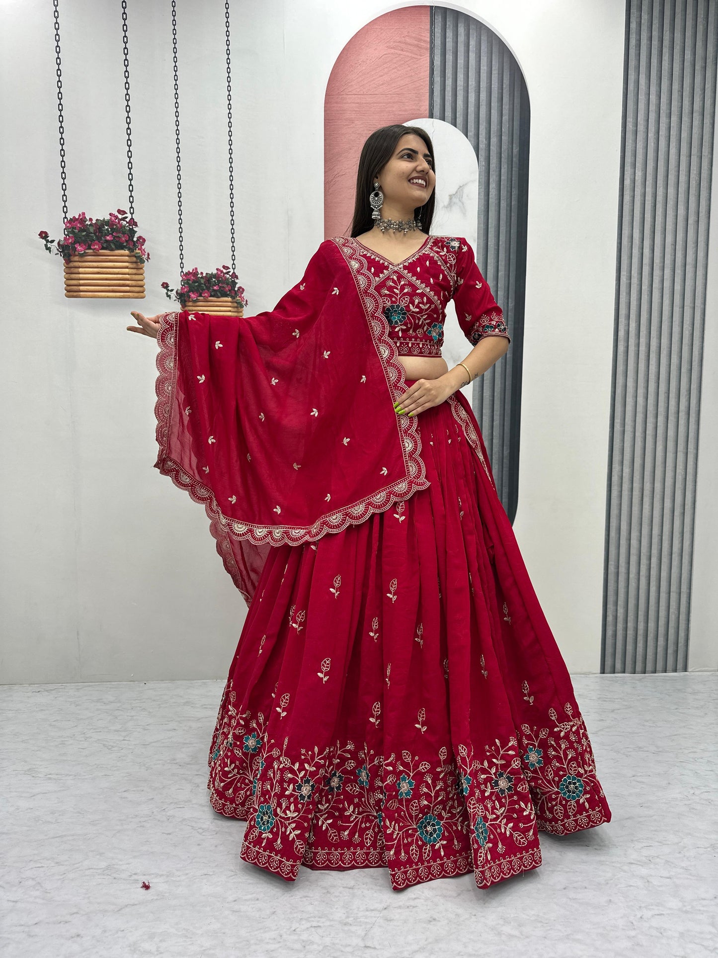 Women’s Pure Blooming Vichitra Silk Lehenga Choli Set with Heavy Embroidery Thread & Pipe Work