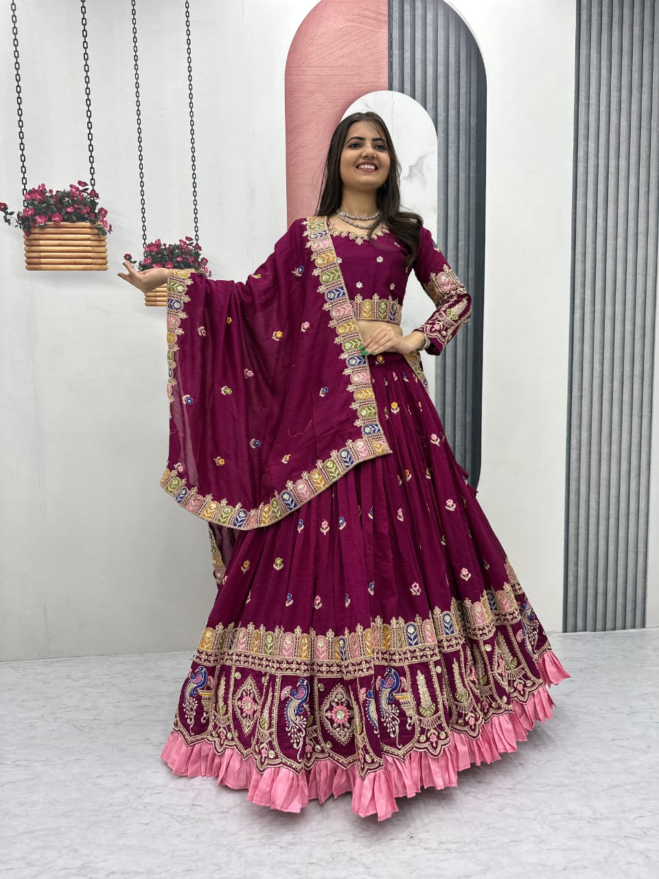 Pure Vichitra Lehenga Choli Set with Heavy Embroidery Coding Sequence & Thread Work, 3.5m Flared Lehenga with Cancan, Fully Stitched Bridal & Festive Wear (M to 2XL)