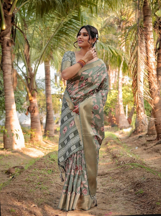 Olive Soft Tussar Silk Saree with Contemporary Pallu