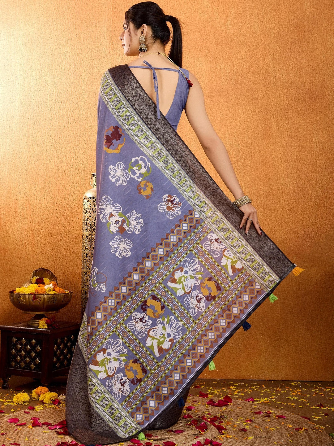 Blue Floral Printed Zari Pure Crepe Saree