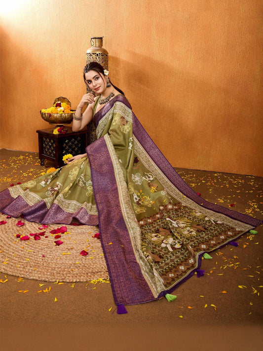 Mehandi Floral Printed Zari Pure Crepe Saree