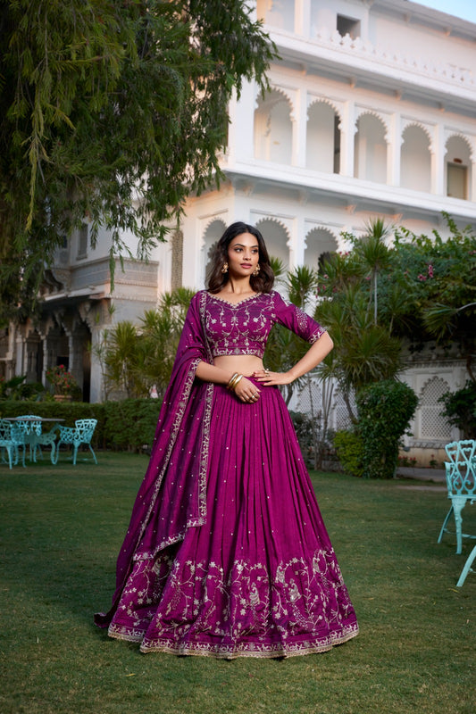 Wine Vichitra Silk Embroidered Lehenga Choli