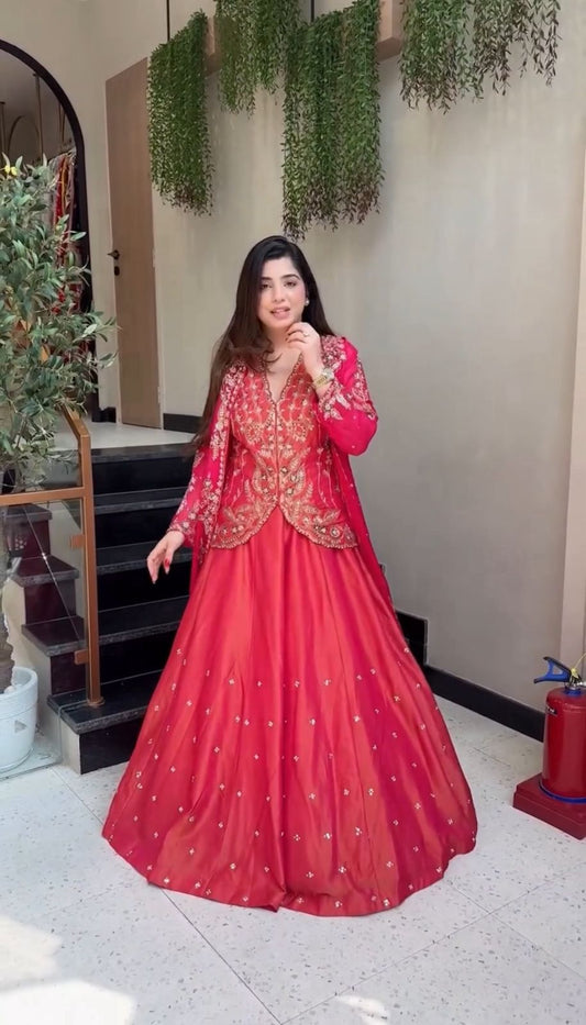 Fully Stitched Pure Simar Lehenga Koti Set with Fox Georgette Shrug Heavy Embroidery Sequence & Thread Work