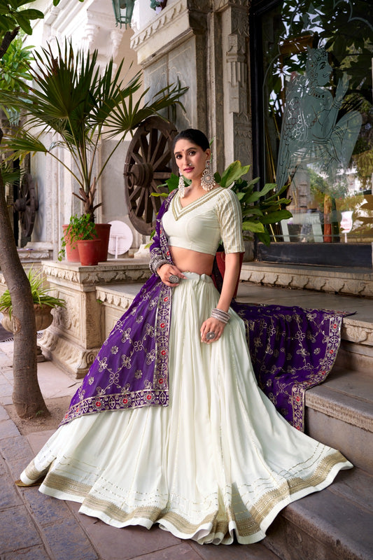 White Rayon Lehenga Choli with Embroidered Dupatta