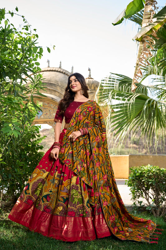 Tasar Silk Kalamkari Print Lehenga Choli with Foil Border