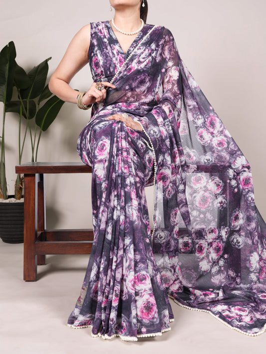 Weightless Marble Floral Printed Saree with Pearl Lace Border & Unstitched Printed Blouse