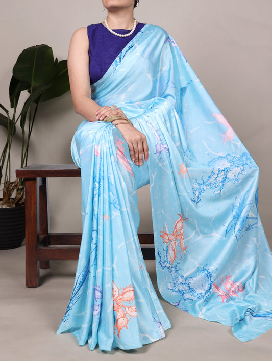 Satin Silk Printed Saree with Banglory Plain Blouse