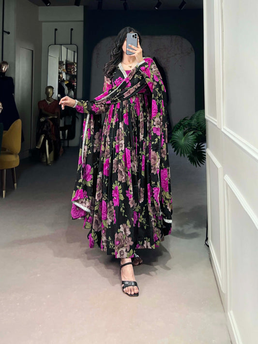 Georgette Floral Printed Gown with Mirror Lace Dupatta