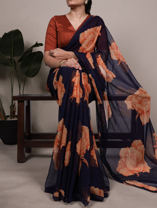 Chiffon Floral Print Saree with Lace Border & Banglory Plain Blouse