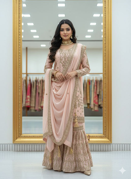 Heavy Chinon Embroidered Sharara Set