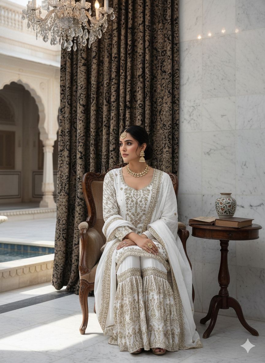 Heavy Chinon Embroidered Sharara Set