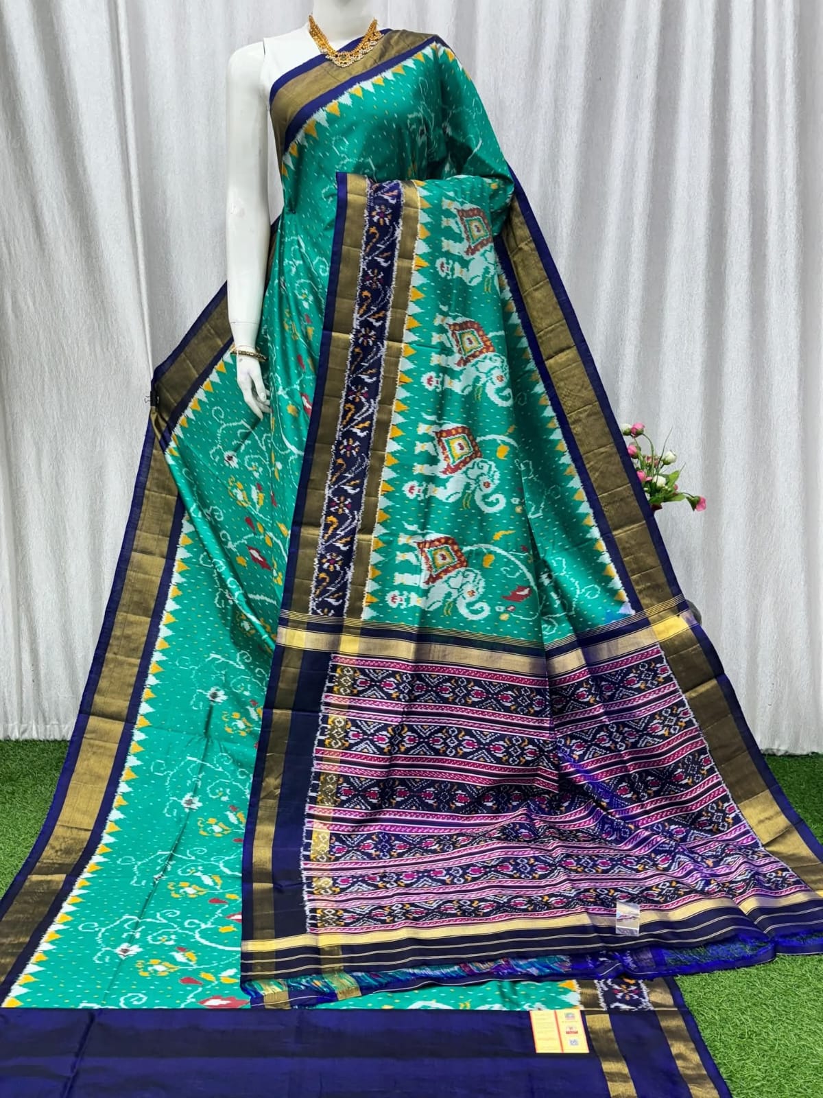Pochampally Ikat Pure Silk Saree with Green Border and Elephant Motifs