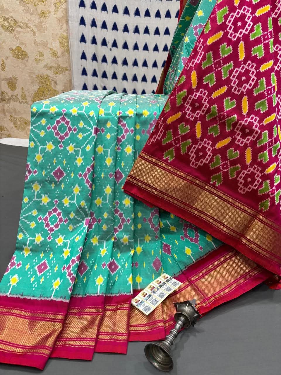 Multicolor Dola Silk Pochampally Designer Printed Saree With Unstitched Blouse Piece For Women