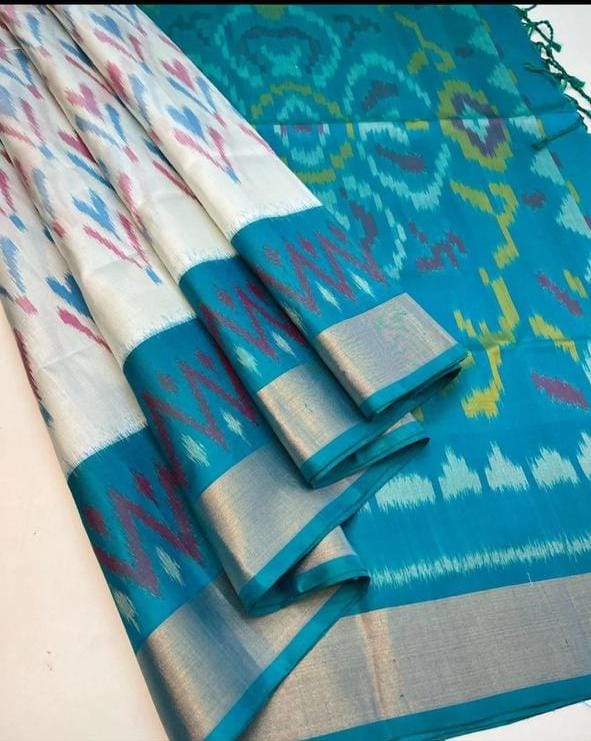 Multicolor Dola Silk Pochampally Designer Printed Saree With Unstitched Blouse Piece For Women