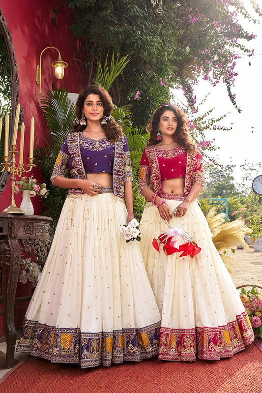 Pure Vichitra Lehenga Choli Set with Koti – Heavy Thread Embroidery Work