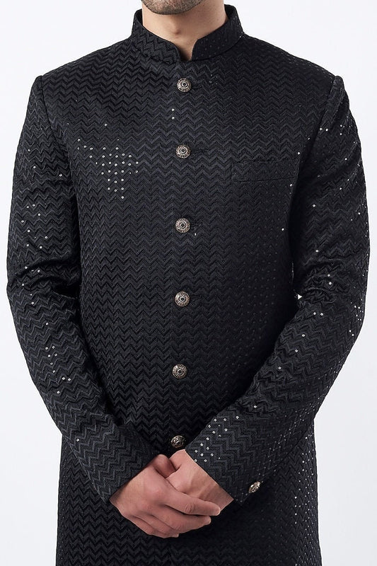 Black Viscose Embroidered Mens Sherwani: Indian Wedding Wear