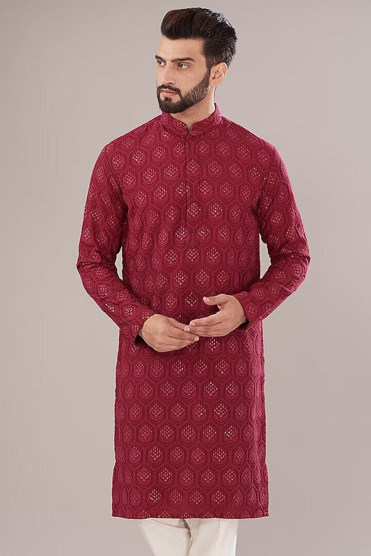 Mens Chikankari Kurta Pyjama Set: Dola Silk Indian Wedding Outfit