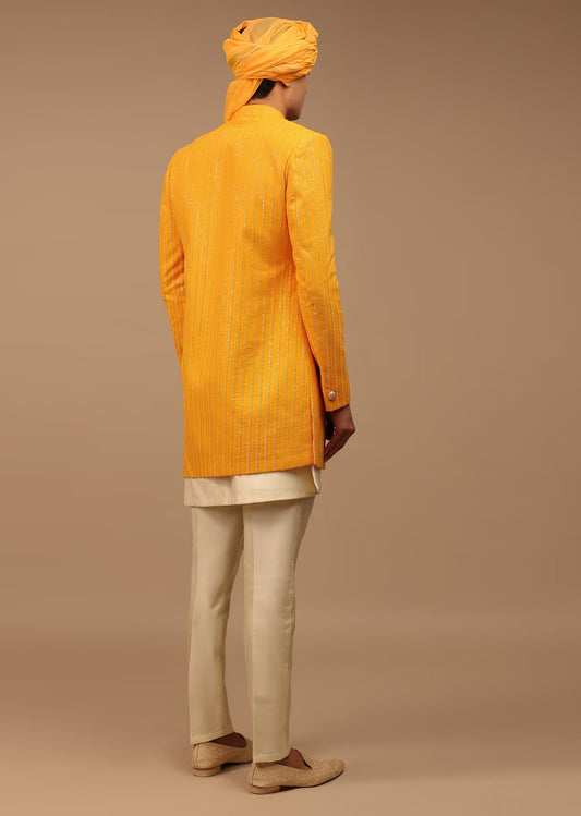 Yellow Colour handmade embroidery mens wedding wear indowestern, function wear, festival wear, embroidery indowestern in menswear