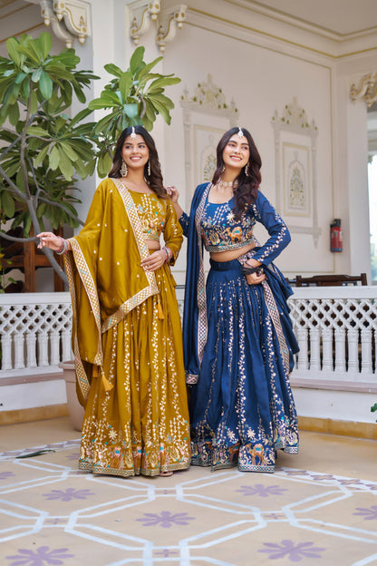 Women's Pure Vichitra Silk Embroidered Lehenga Choli Set with Sequins & Thread Work Dupatta