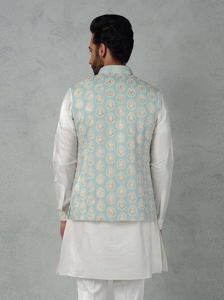 Mens Handmade Embroidered Waistcoat Set: Cotton Kurta Pajama