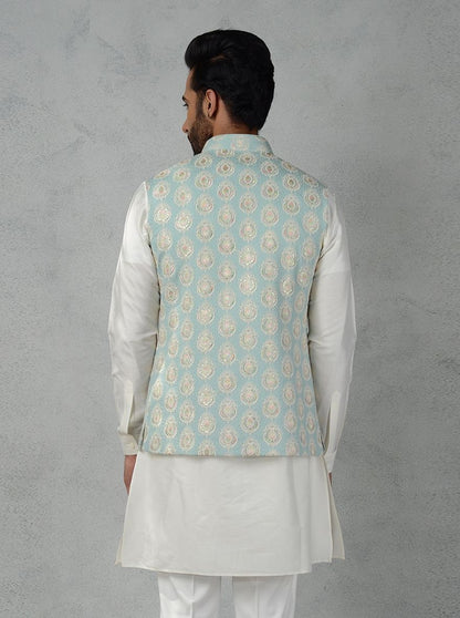 Mens Handmade Embroidered Waistcoat Set: Cotton Kurta Pajama