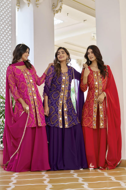 Women’s Fox Georgette Bandhani Print Kurti Palazzo Set with Original Mirror, Thread & Beads Embroidery