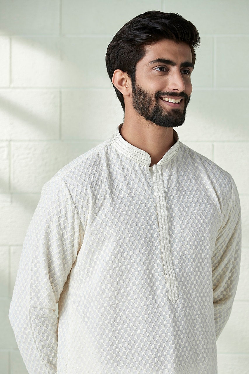 Handmade georgette embroidery Costom Fit Mens kurta Churidar set for indian wedding wear.