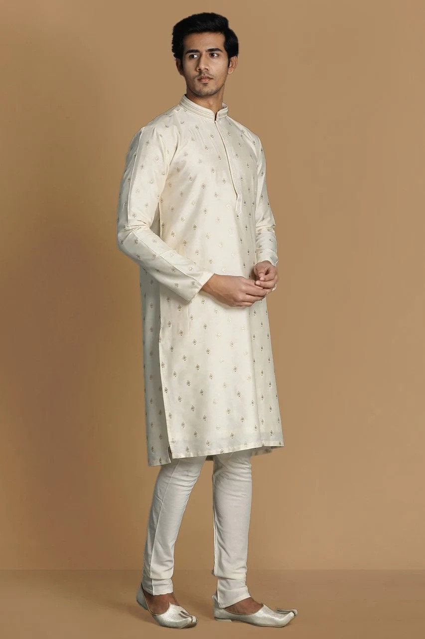 Handmade costom fit tusser silk embroidery kurta churidar set for indian ethnic wear.