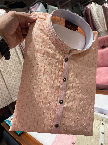 Handmade custom fit mens tusser silk embroidery kurta pajama set for wedding wear