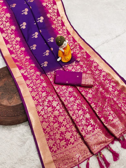 Pure Banarasi Silk Saree with Zari & Meena Work Rich Pallu, All Over Butti Design with Heavy Contrast Border, Soft Traditional Wedding Saree with Contrast Weaving Blouse