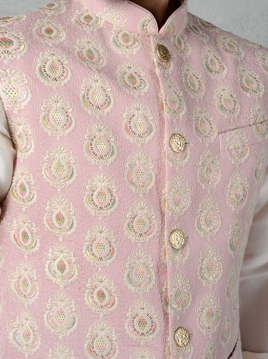 Mens Handmade Embroidered Waistcoat Set: Cotton Kurta Pajama