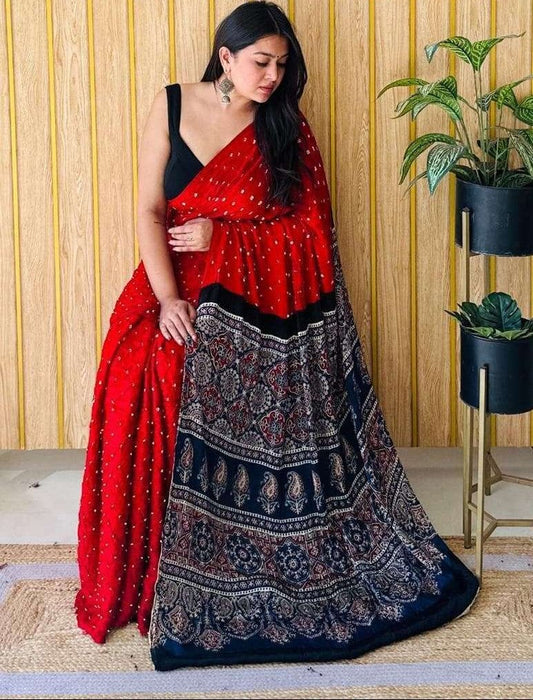 Red Ajrakh Digital Print Modal Silk Saree