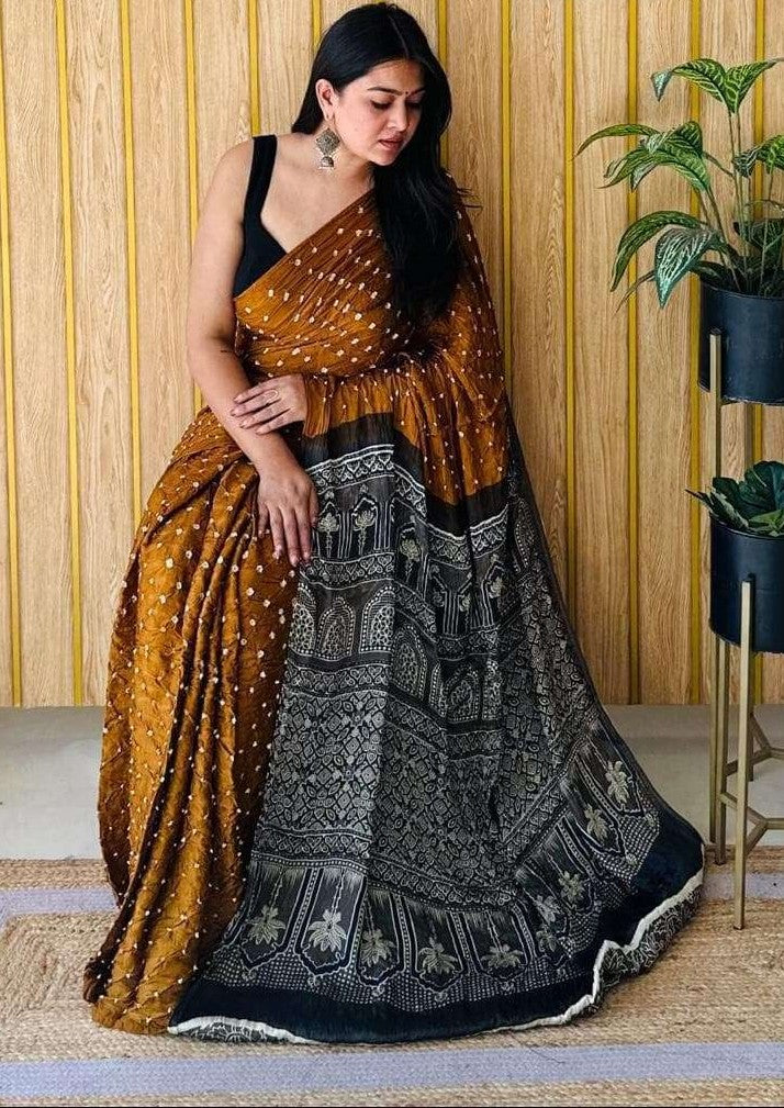 Gold Brown Ajrakh Digital Print Modal Silk Saree