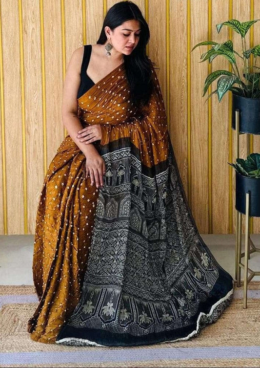 Gold Brown Ajrakh Digital Print Modal Silk Saree