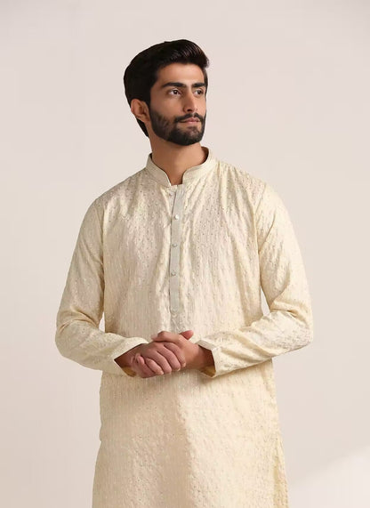 Handmade custom fit mens tusser silk embroidery kurta pajama set for wedding wear