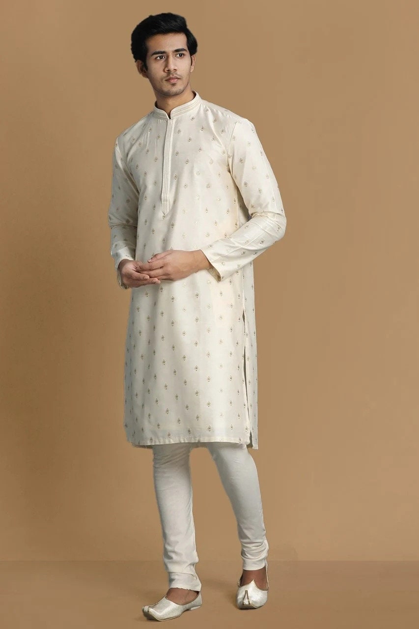 Handmade costom fit tusser silk embroidery kurta churidar set for indian ethnic wear.