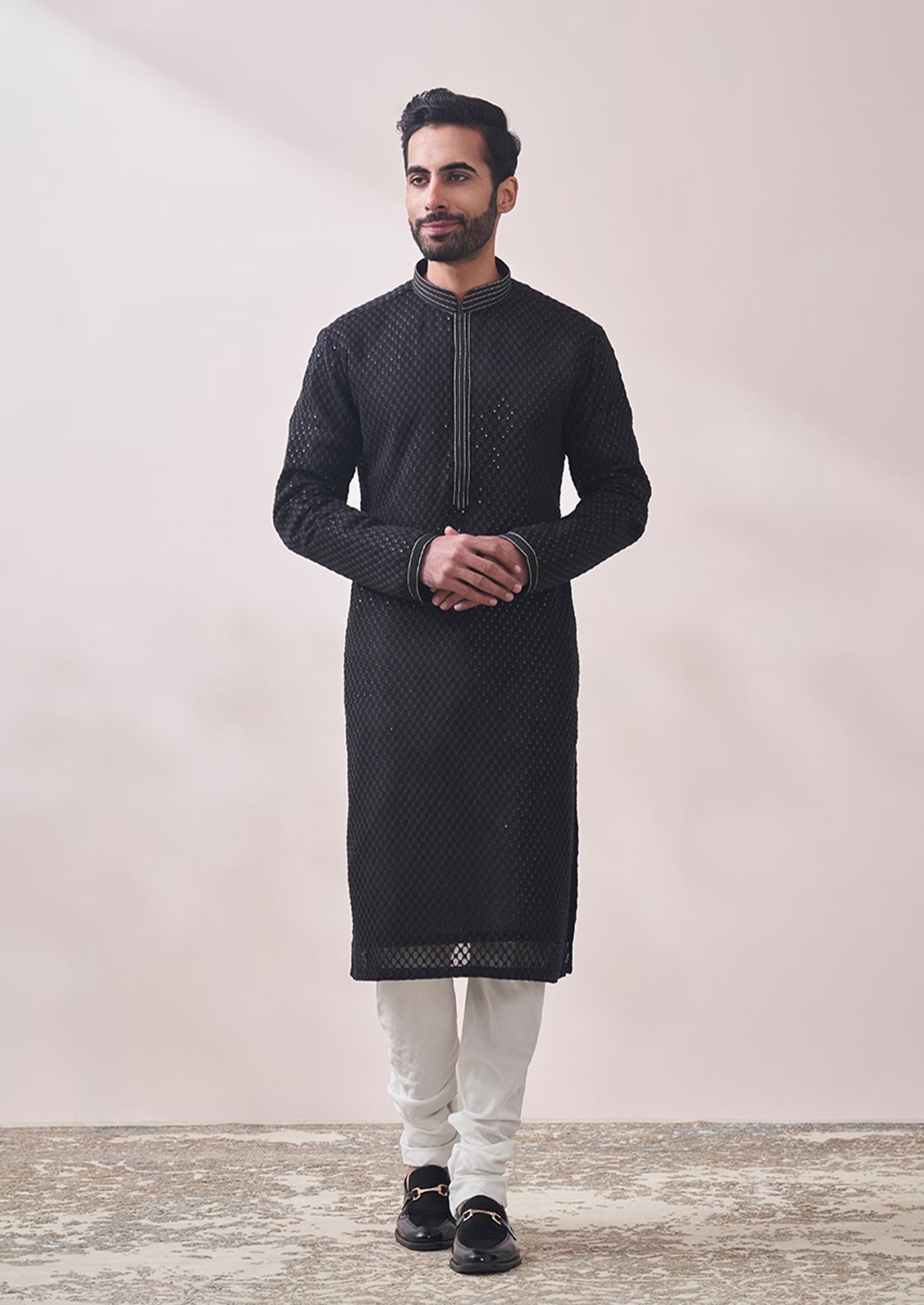 Handmade georgette embroidery Costom Fit Mens kurta Churidar set for indian wedding wear.