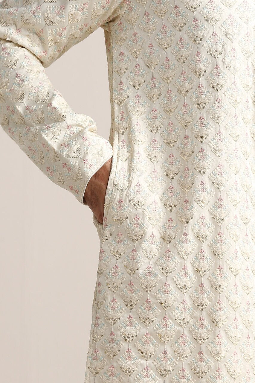 Handmade Off White Tusser Silk Kurta Churidar Set: Indian Wedding Wear