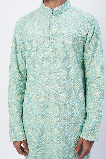 Mens Chikankari Kurta Pyjama Set: Dola Silk Indian Wedding Outfit