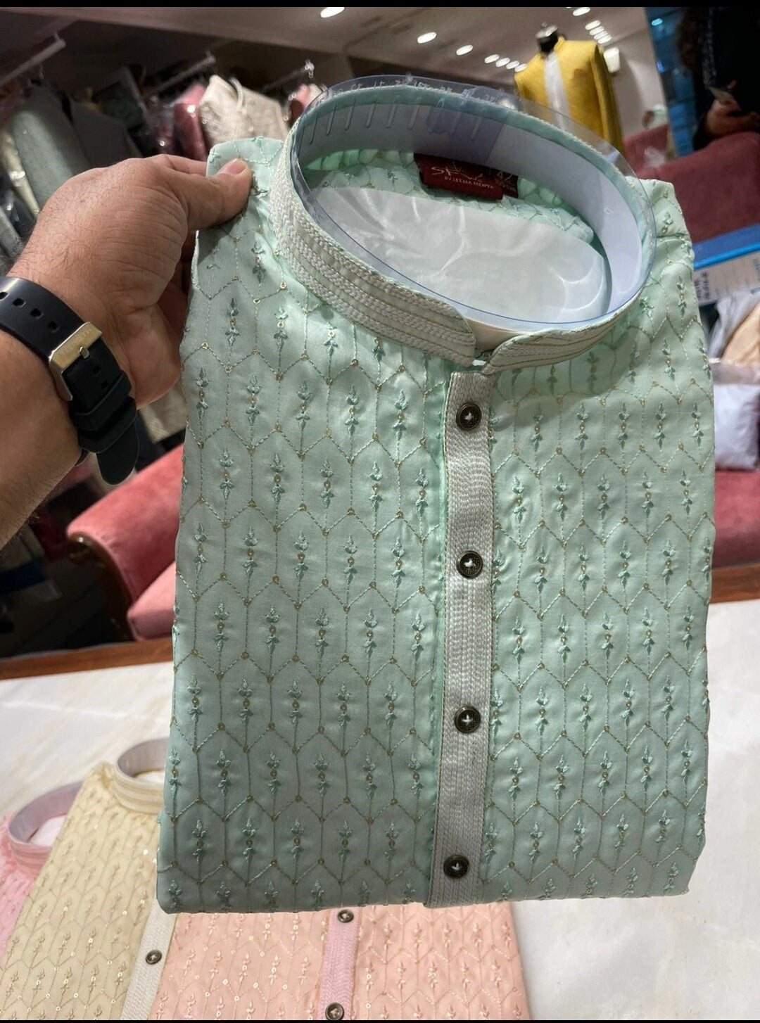 Handmade custom fit mens tusser silk embroidery kurta pajama set for wedding wear